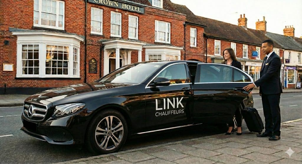 Premium Mercedes chauffeur car parked in Lyndhurst for a New Forest airport transfer.
