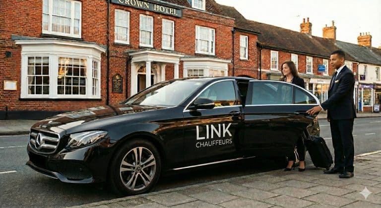 Premium Mercedes Chauffeur Car Parked In Lyndhurst For A New Forest Airport Transfer.