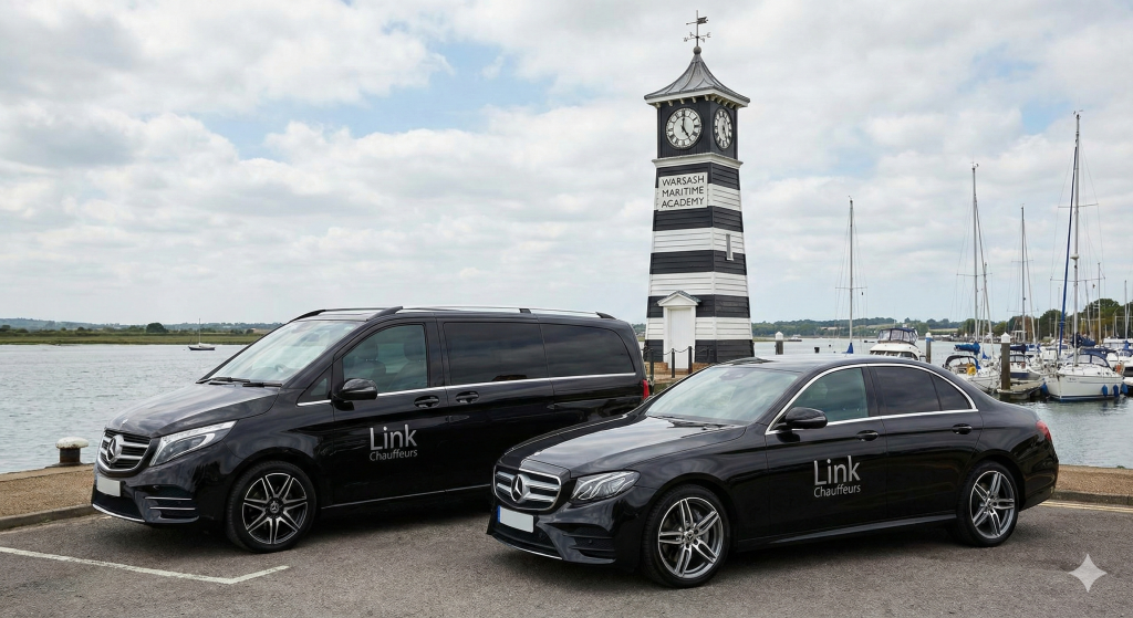 Link Chauffeurs Mercedes V-Class and E-Class parked by the Warsash Clock Tower for a premium airport transfer.